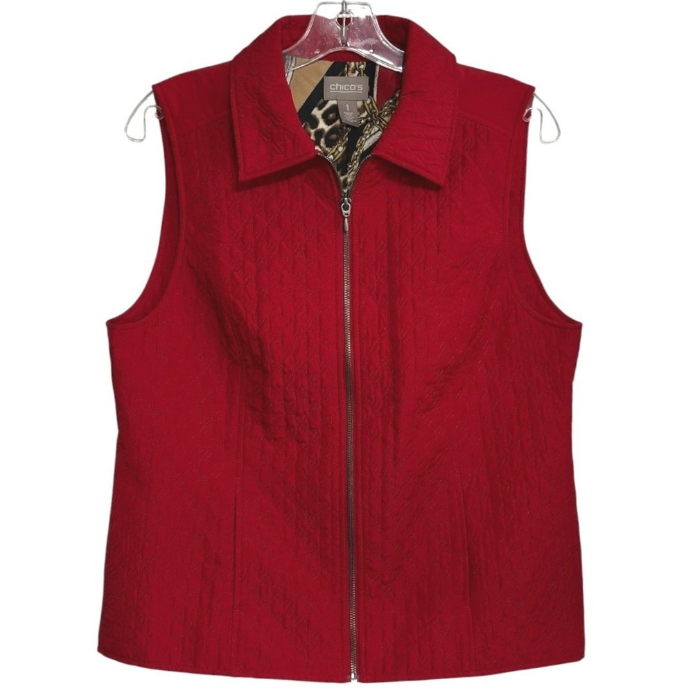 Chico's Quilted Zip Up Vest Women Red Leopard Print Chain Lining Mob Wife Fall 1